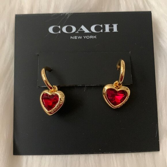COACH Crystal Heart Charm Drop Huggies Earrings in Red/Gold - Picture 1 of 2